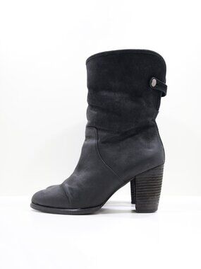 UGG Layna Black Leather Red Faux-Fur Lined 3.5" Block Heel Winter Boots - 7